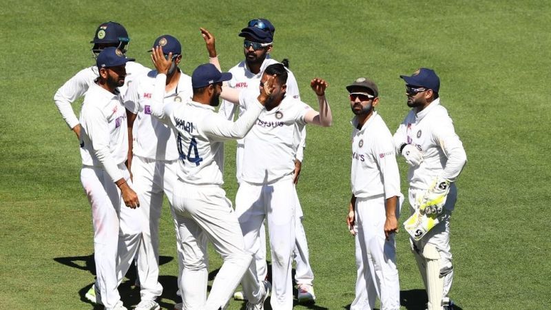 Ajinkya Rahane celebrates a wicket with teammates. Pic: ICC/ Twitter