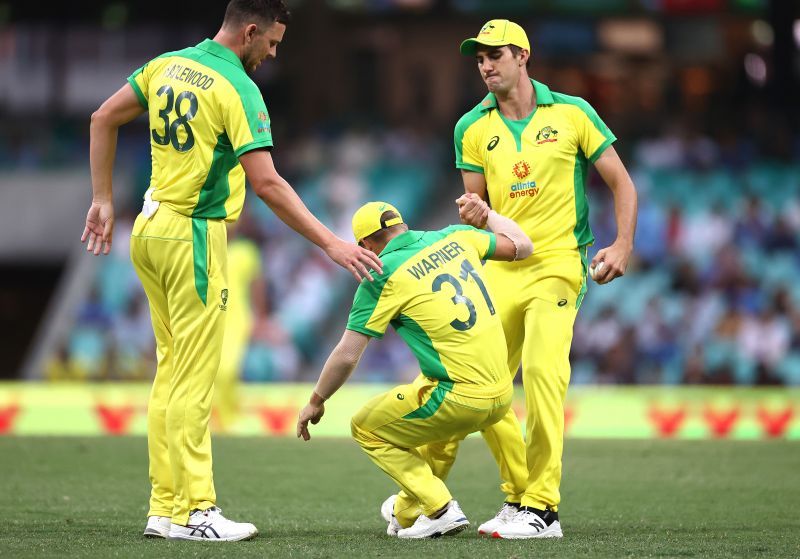 David Warner being helped by teammates after suffering a groin injury on the field.