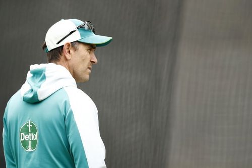 Justin Langer looking over Australia's nets session