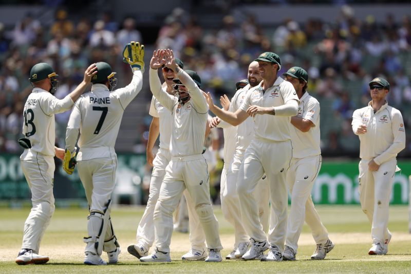 Australia players celebrate a wicket against New Zealand