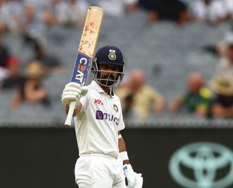 Ajinkya Rahane celebrates his hundred. Pic: BCCI/ Twitter