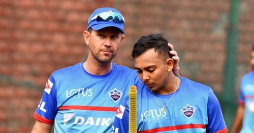 Prithvi Shaw (R) and Ricky Ponting (R) in the Delhi Capitals camp.