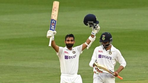 Ajinkya Rahane celebrates after reaching his 12th Test hundred