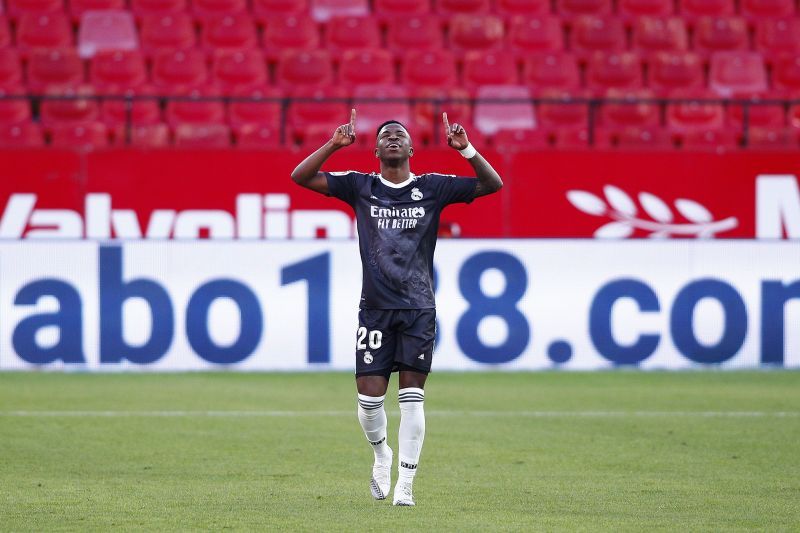 Vinicius celebrates Real Madrid&#039;s goal against Sevilla