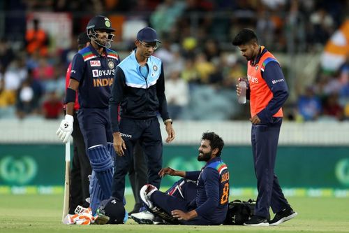 Ravindra Jadeja was hit on the head while batting in the last over of the Indian innings