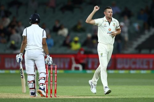 Josh Hazlewood (R) produced a haul of 5 for 8 from 5 overs in India's second innings