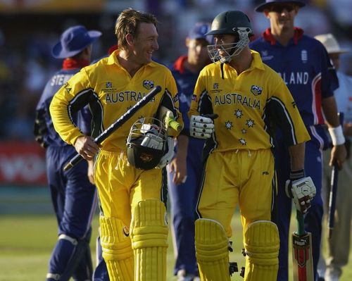 Michael Bevan (R) and Andy Bichel (L) after defeating England at the 2003 World Cup