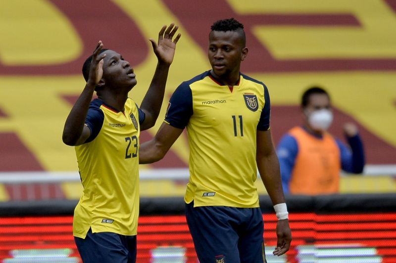 Caicedo (L) celebrates after scoring a goal for Ecuador