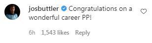 Jos Buttler's comment on Parthiv Patel's Instagram post