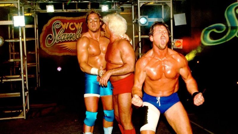 NFL Hall of Famer Kevin Greene, Rowdy Roddy Piper, and Ric Flair defeated nWo members Kevin Nash, Scott Hall, and Syxx at WCW Slamboree 1997.