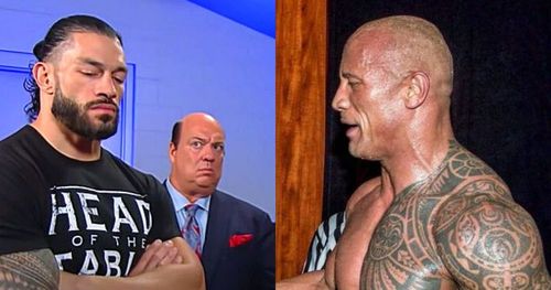 Roman Reigns, Paul Heyman, and The Rock.