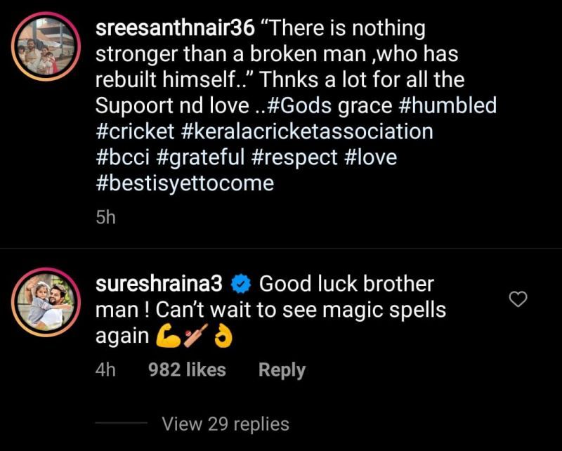 Suresh Raina's comment on Sreesanth's Instagram post