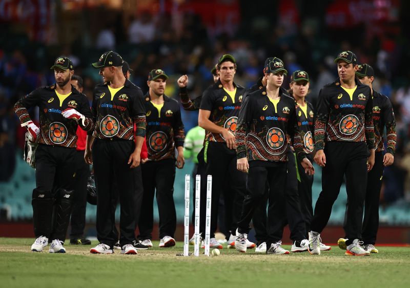 The Australian team after winning the third T20 international.