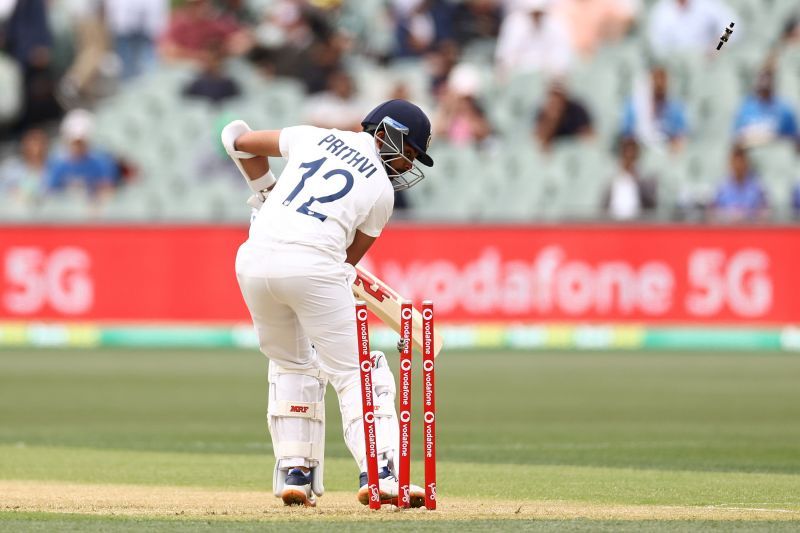 Prithvi Shaw fell for a second-ball duck in the first session of the pink-ball Test..