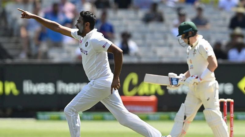 Ravichandran Ashwin celebrates after picking up the wicket of Steve Smith for a duck