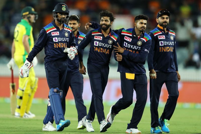 Ravindra Jadeja celebrates after accounting for Aaron Finch in the third ODI