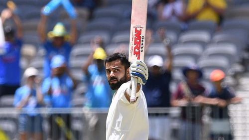 Virat Kohli celebrates after scoring a hundred at Perth in 2018-19 Border-Gavaskar Trophy