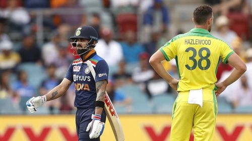 Virat Kohli after being dismissed by Josh Hazlewood in the third ODI between India and Australia at Canberra