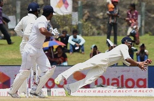 Ajinkya Rahane pulling off one of his blinders in the slips