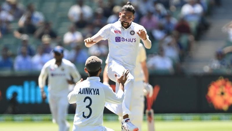 Mohammed Siraj celebrates his maiden Test wicket. Pic: ICC/ Twitter