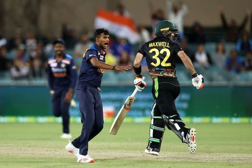 T Natarajan in action on his T20I debut in Canberra