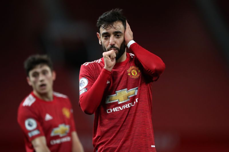 Bruno Fernandes celebrates his second goal vs Leeds in the Premier League.