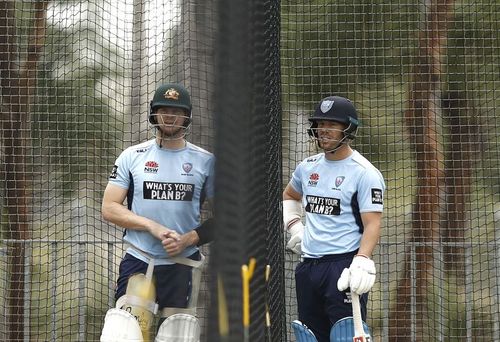 Steve Smith (left) and David Warner in a practice session for New South Wales.