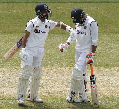 Ajinkya Rahane encourages Ravindra Jadeja after being run out. Pic: Twitter