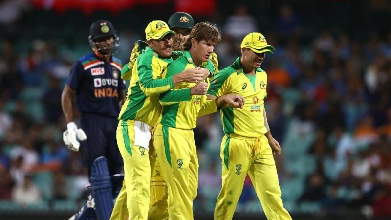 Adam Zampa celebrates an Indian wicket with teammates. Pic: ICC/Twitter