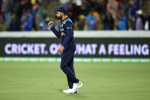 Virat Kohli celebrates during the second T20I between India and Australia at Sydney.