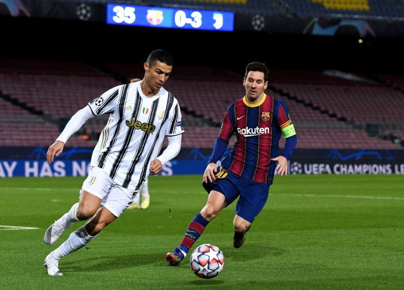 Cristiano Ronaldo and Lionel Messi during Juventus&#039; UEFA Champions League game against Barcelona