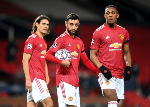 Manchester United stars Edinson Cavani, Bruno Fernandes, and Anthony Martial