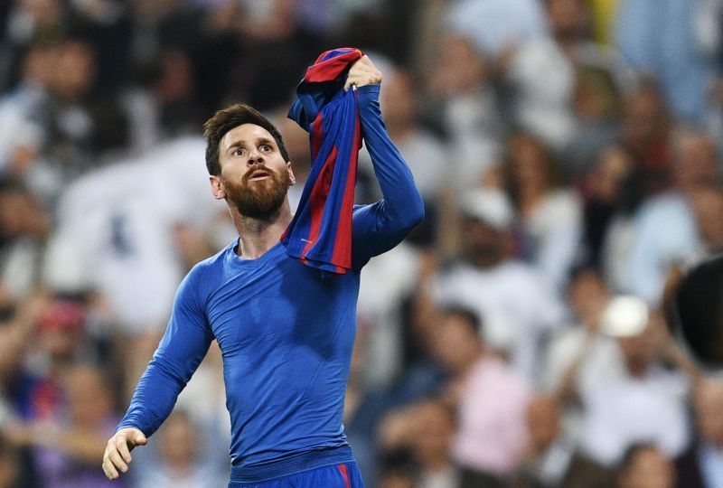 Lionel Messi after his iconic celebration at the Santiago Bernabeu in 2017.