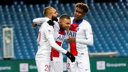 Kylian Mbappe celebrates after scoring a goal