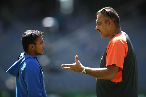 Prithvi Shaw with Indian Head Coach Ravi Shastri.