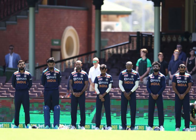 The Indian team line up ahead of the second ODI versus Australia.