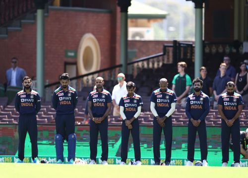 The Indian team line up ahead of the second ODI versus Australia.