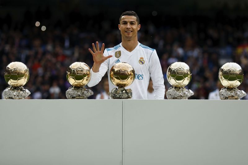 Cristiano Ronaldo with his five Ballon d&#039;Ors