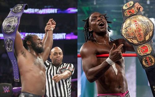 Rich Swann with the Cruiserweight Championship on the first-ever episode of 205 Live and with the Impact World Championship in 2020.