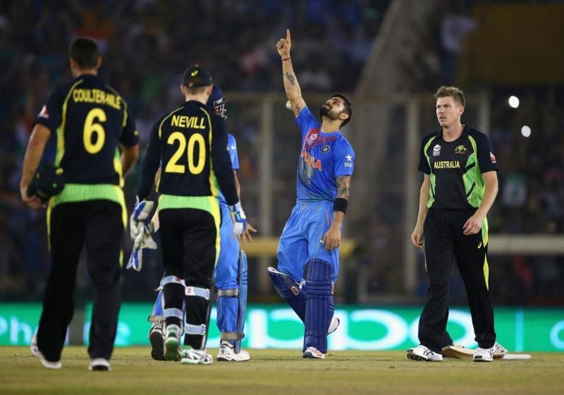 Virat Kohli celebrating after a famous Indian win in the 2016 T20 World Cup against Australia