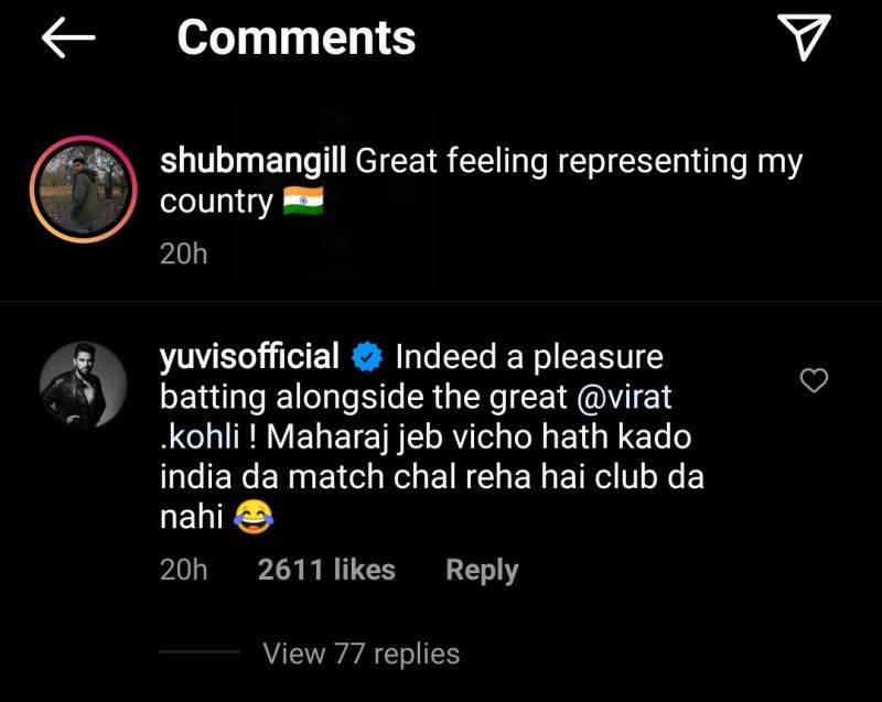 Yuvraj Singh's comment on Shubman Gill's recent Instagram post