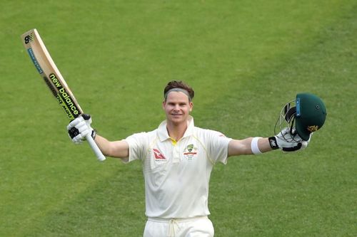 Steve Smith celebrates after scoring a hundred