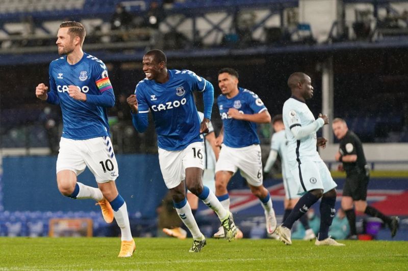 Everton celebrate their goal against Chelsea in front of 2000 fans at Goodison Park.