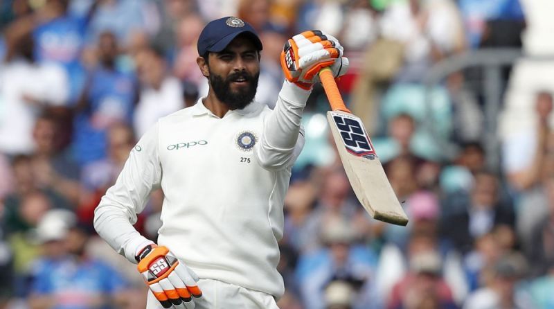 Ravindra Jadeja celebrates after scoring a fighting half-century against England at the Oval