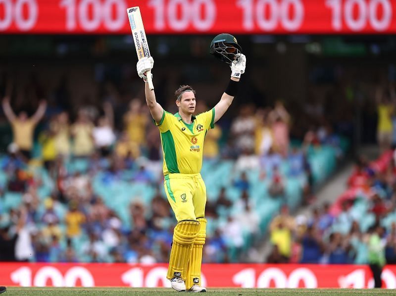 Steve Smith celebrates his century in the ODI series versus India.