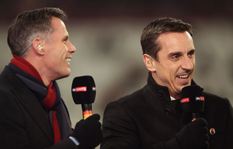 &nbsp;Jamie Carragher (L) and Gary Neville laugh prior to the Premier League match
