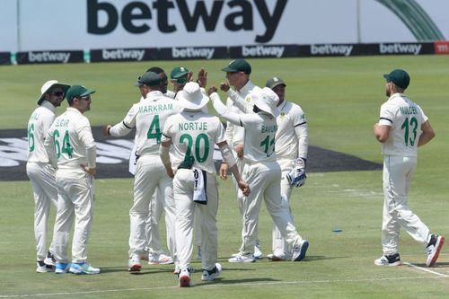 South Africa players celebrate a wicket in the first Test