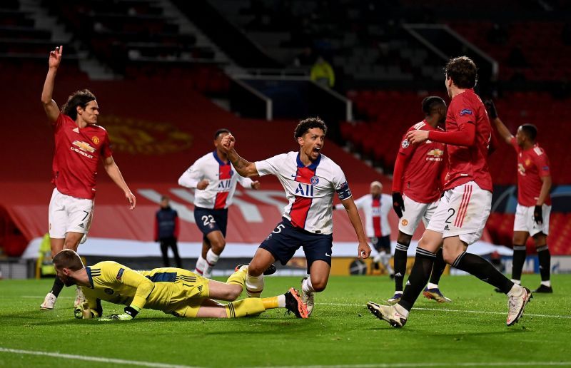 Marquinhos celebrates after scoring against between Manchester United 