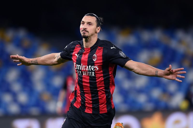 Zlatan Ibrahimovic celebrates after scoring for AC Milan.