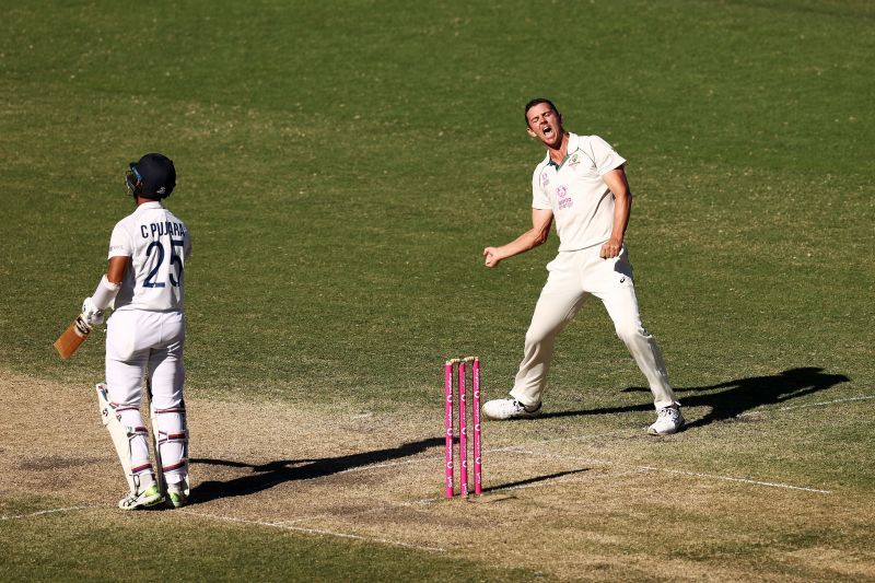 Josh Hazelwood celebrating the prized wicket of Cheteshwar Pujara